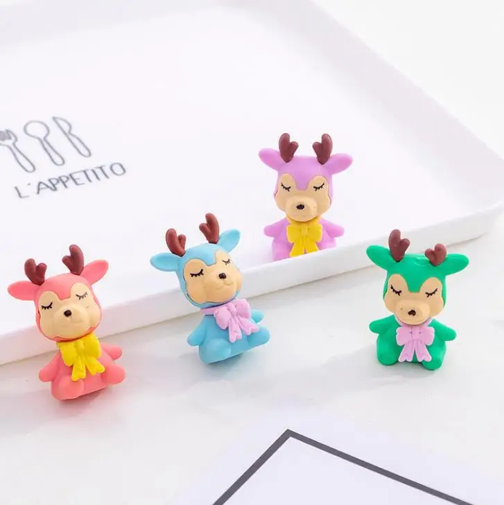 

4 Pcs/set Cartoon Mini Colorful Animal Deer Elk Eraser Rubber Pencil Erasers School Office Supply Gift Stationery