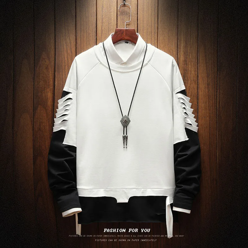 

Solid color Sweatshirt Men Hoodie weatshirts Autumn Casual black Blue yellow White Broken hole stitching sleeve men Streetwear