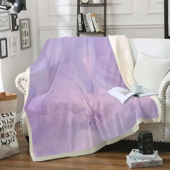 

3D Eiffel Tower Printed Flannel Fleece Blanket purple Sofa Throw Blanket Bed Set Adult Scenic Car Travel Nap Weighted Blanket