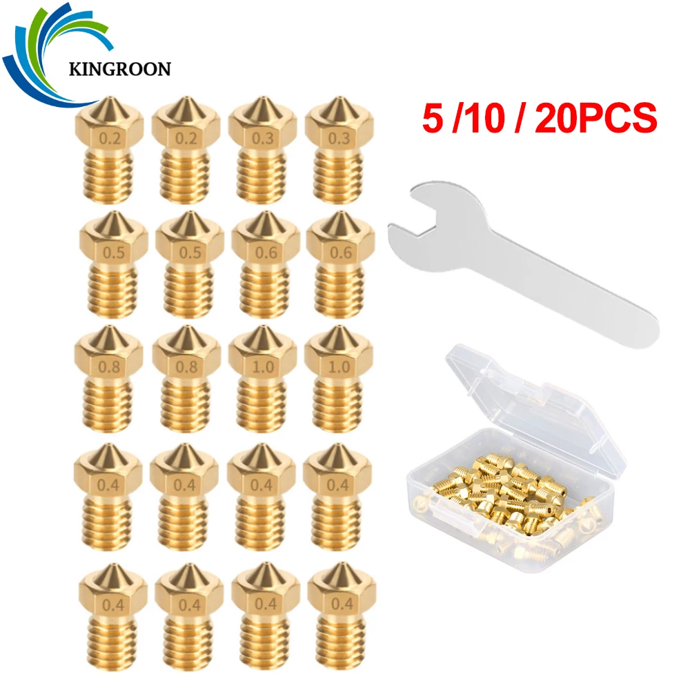 Kingroon-bicos de Latão de Aço Duro Peças de Impressora 3d Extrusora Hotend Rosca m6 Mk8 E3d v5 v6 m6 1.75 mm Filamento