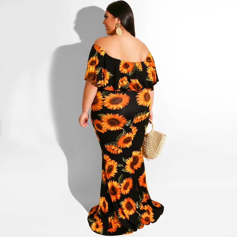 Laughido плюс размер косой вырез с оборками Макси платье Sunflower лист печати Длинные Vestidos пляж Бохо элегантное женское платье тощий женская одежда