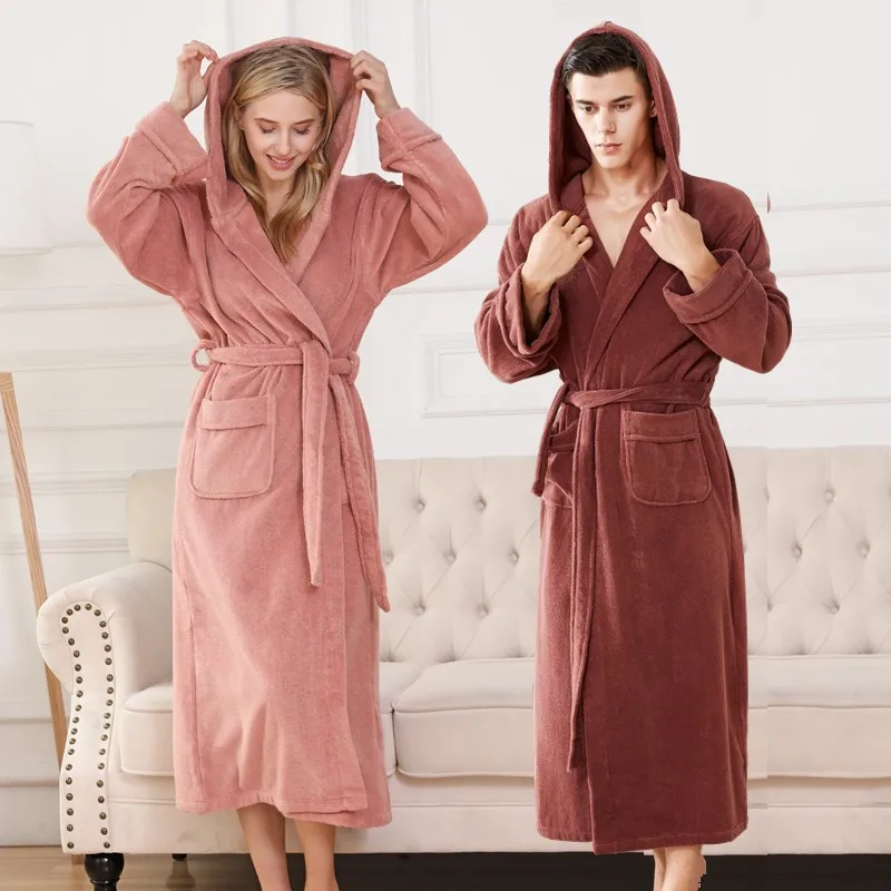 

Solid Lengthen Hooded Robe Men Women Winter Toweling Terry Robe Cotton Bathrobe Soft Ventilation Sleeprobe Casual Homewear