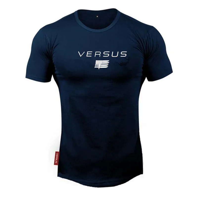 Дизайн VERSUS Muscle fitness Мужская футболка для бодибилдинга Спортивная футболка с круглым вырезом и короткими рукавами для бега - Цвет: Navy Blue White