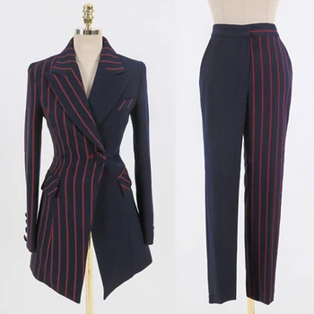 

Office Lady Work Pant Suits OL 2 Piece Sets Patchwork Striped Blazer Jacket & Zipper Trousers Suit For Women Set Feminino Spring