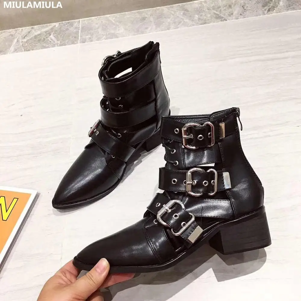 

MIULAMIULA Brand Designers 2019 Winter New Luxury Metal Buckle Belt Short Ankle Leather Boots Zipper For Women Hallow Size 35-40
