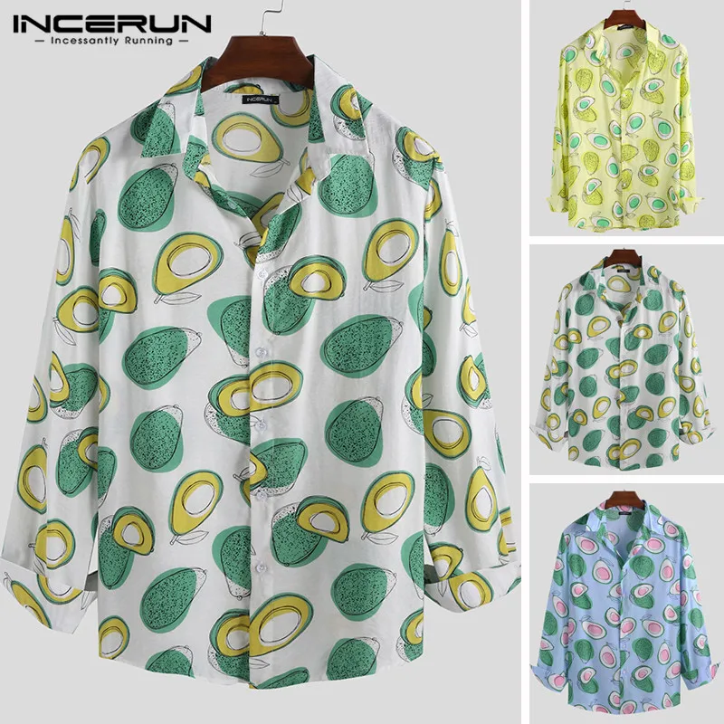 

INCERUN Avocado Printed Brand Shirt Men Breathable Long Sleeve Street Lapel Neck Fashion Hawaiian Casual Shirts Men Camisa 2019