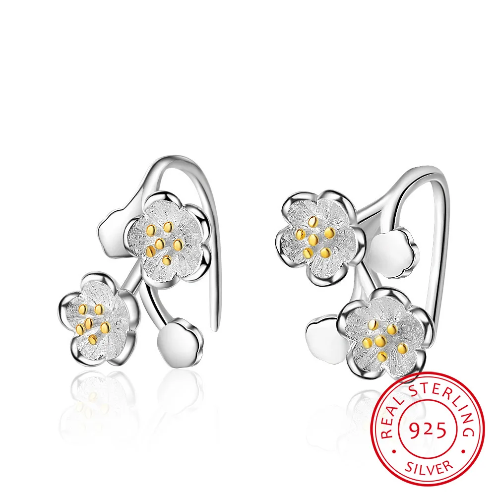 925 Sterling Silver Cherry Blossoms Flower Earrings Women Fine Jewelry hoop earrings,stud earrings,ear clip earrings,clip earrings,ear clip,ear accessories,magnetic earrings