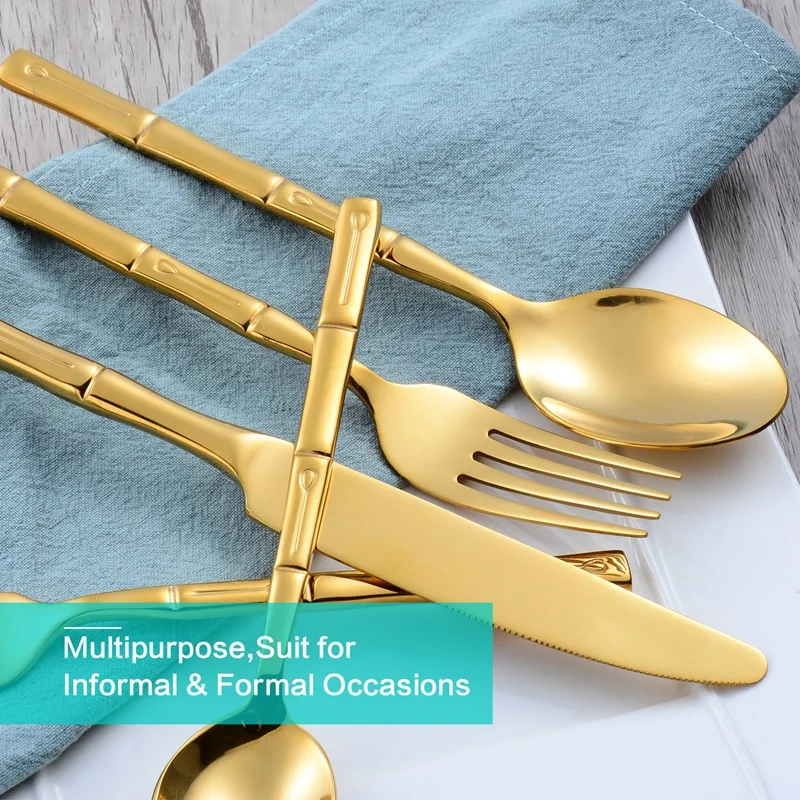 Gold Forge Bamboo Mirror 5 Piece Flatware Set,Stainless Steel Cutlery Dinnerware,Service for 1