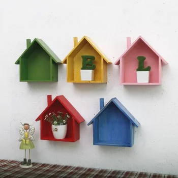 

Practical Wall Shelf Mural Wooden House Shelving Display Unit Shelf Wall Hanging Box Storage Craft For Home Bedroom Decoration