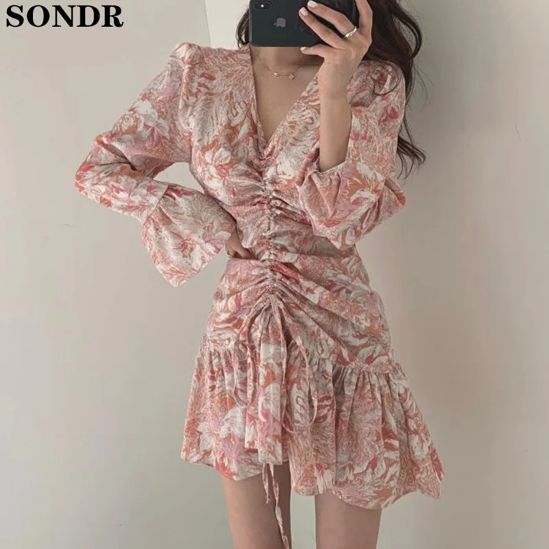 

Korean French Drawstring High Waist Dress 2020 Retro Floral Slim Sweet Feminine Thin Mini Dresses Ladies Pleated Chiffon Dress