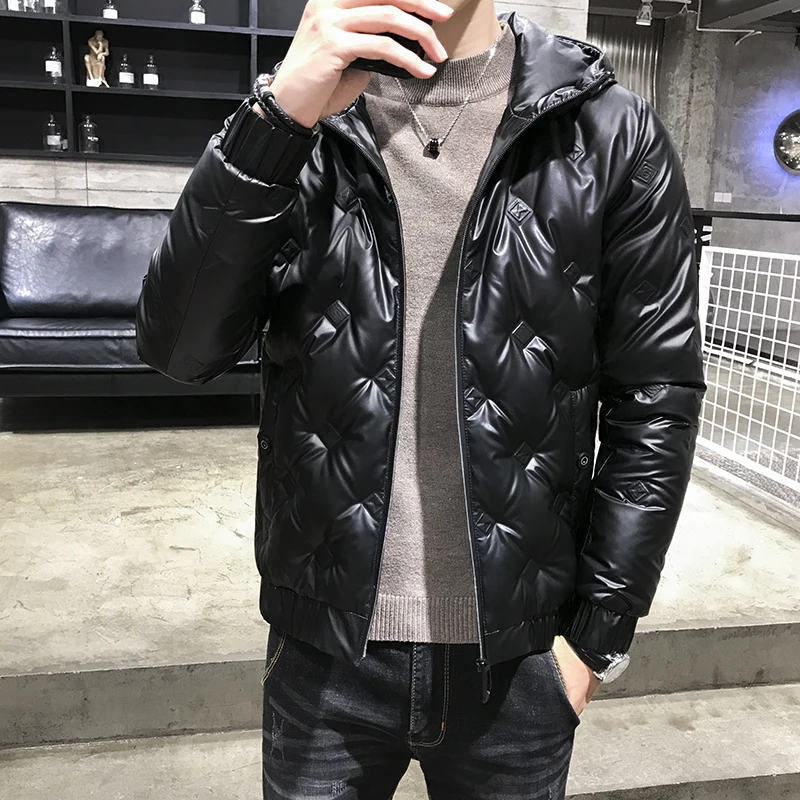 Мужская зимняя куртка большого размера, новая утепленная Яркая кожаная куртка с капюшоном и воротником, зимняя куртка - Цвет: Черный