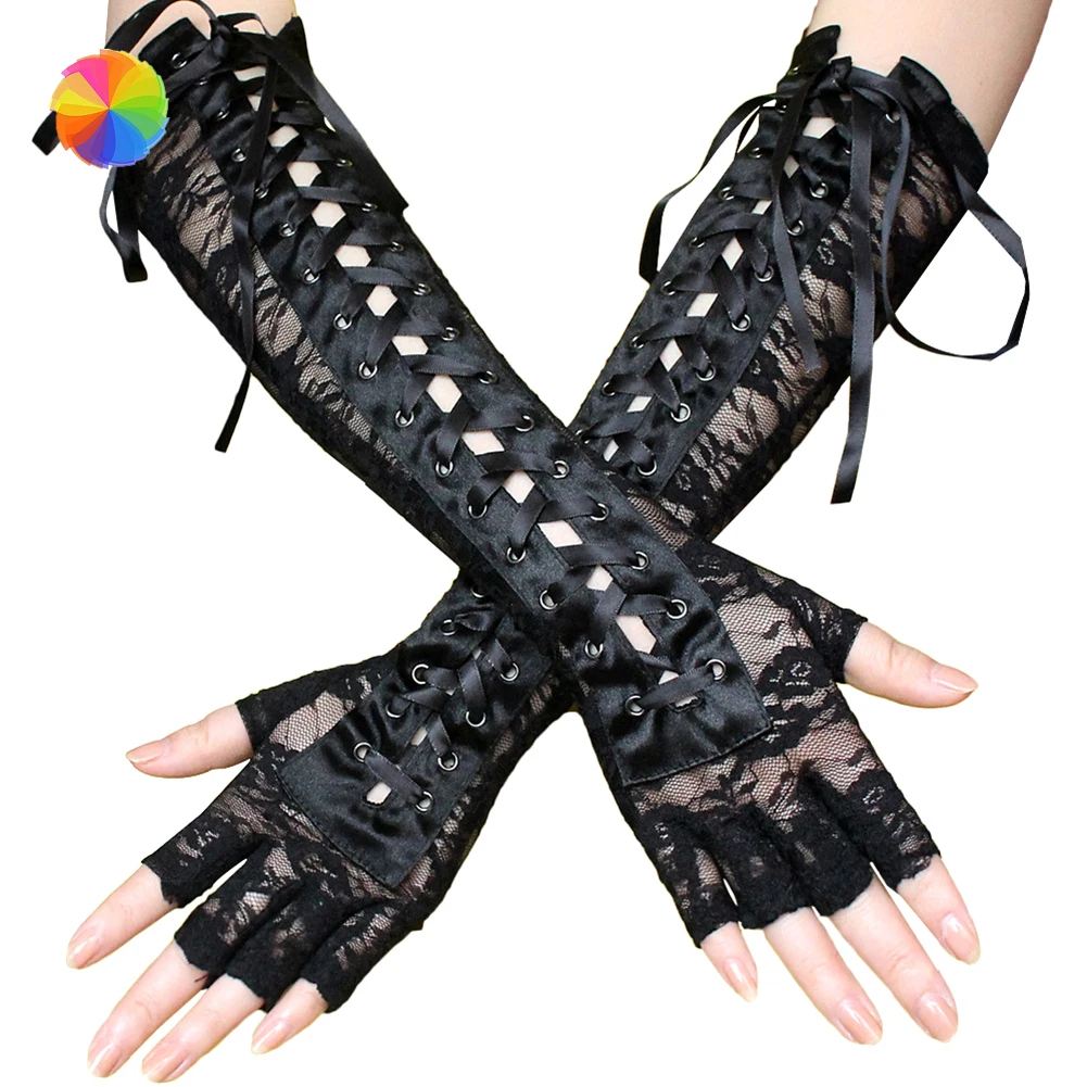 

Sexy Lace Strap Gloves Long Style Temptation Ribbon Rivet Half Finger Etiquette Ball Glove Nightclub XBFF