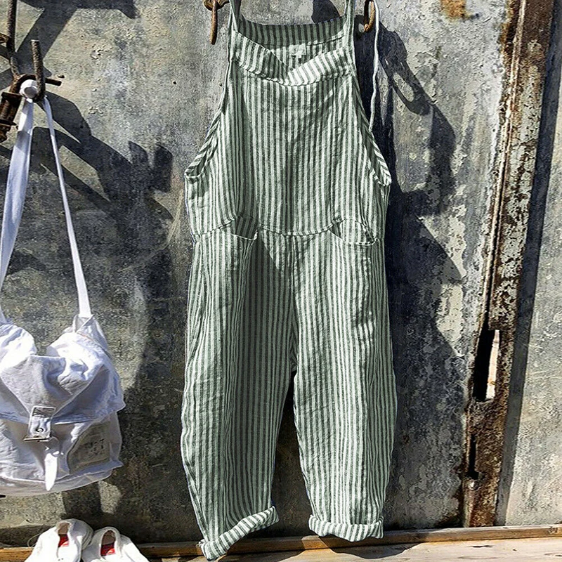 Summer Jumpsuit Womens Casual Baggy Striped Wide Leg Overalls Dungarees Jumpsuit Women Street Daily Cotton Linen Jumpsuit S-XL