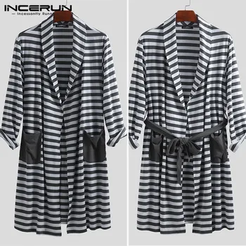 

INCERUN Men's Literary Nightgown Striped Lapel Pocket Fashion Long Sleeve 2020 New Loose Tie Long Paragraph High Quality Robe