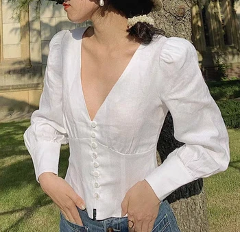 

White Deep V-neck Retro puff Sleeve women shirt tops Single-breasted casual wild lady shirt 2020 new