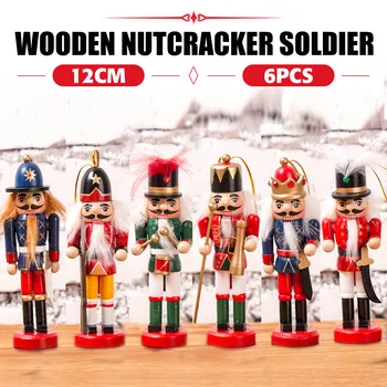 

Christmas Gifts 6Pcs 12CM Wooden Nutcracker Soldier Set Walnut Puppet Toy Newyear Thanksgiving Christmas Decorations For Home