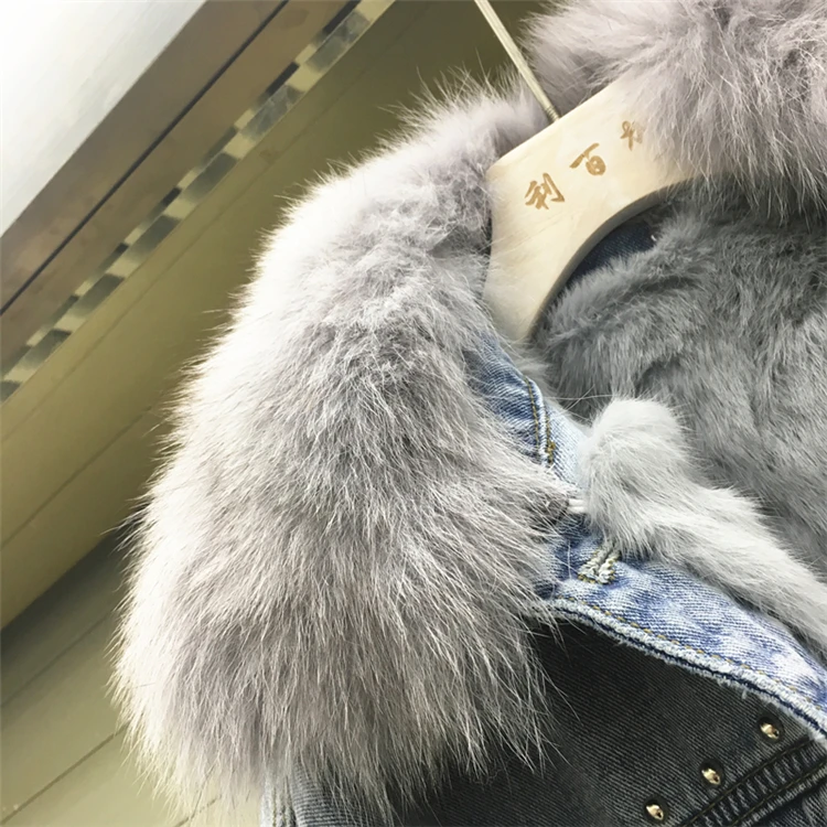 Harajuku/утепленная джинсовая куртка с заклепками и натуральным кроличьим мехом; женская зимняя теплая куртка с натуральным лисьим воротником; джинсовые куртки; женские парки