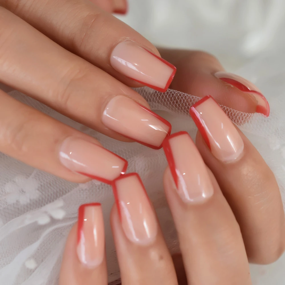 Medium Nude Clear Fake Nails With Red Rim U Press On Nail Whole Cover French Fingernails Set 24pcs False Nails Aliexpress