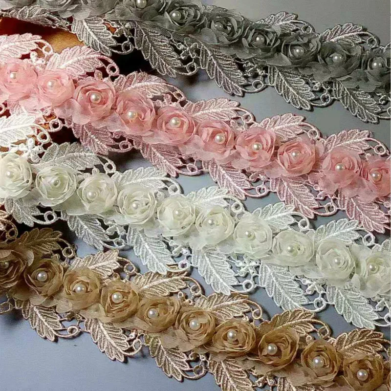 2 yards Soluble 75mm Pearl Rose Flower Embroidered Lace Trim Ribbon Fabric Handmade DIY Wedding Dress Sewing Supplies Craft New | Дом и сад