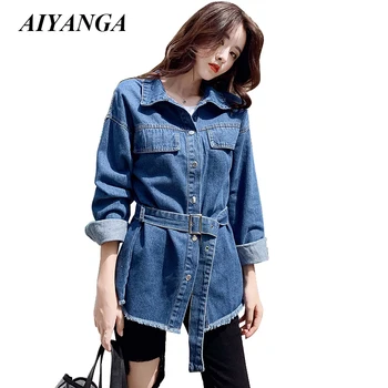 

Boyfriend Jeans Jackets Women Plus Size Denim Jackets 2019 Sashes Long Sleeve Jackets Casual Loose Coat Women Chaquet Mujer