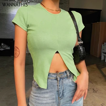 

WannaThis Short Sleeve Split Hem Short Tee Women Slim Elastic O-Neck Green Women Summer Crop Tops Streetwear Casual Top Cotton