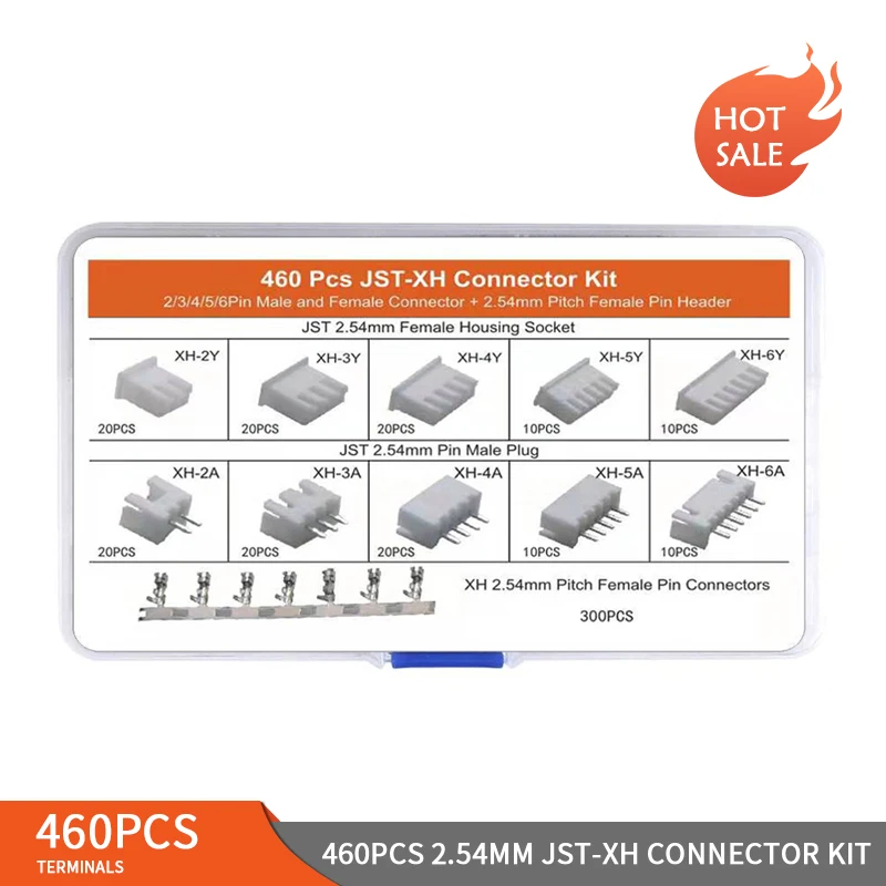 460pcs 2.54mm JST-XH Connector Kit with 2.54mm Female Pin Header and 2/3/4/5/6 Pin Housing Connector Adapter Plug terminals set