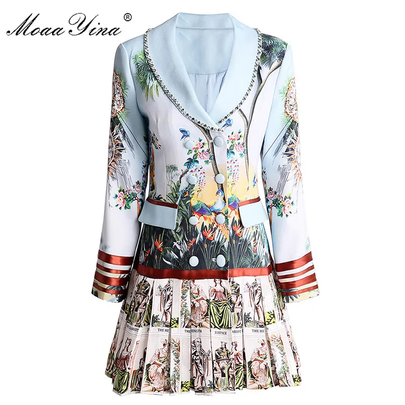 Wholesale Price DXJqy MoaaYina Fashion Designer dress Spring Autumn Women's Dress Long sleeve Print Beaded Double breasted Pleated Dresses