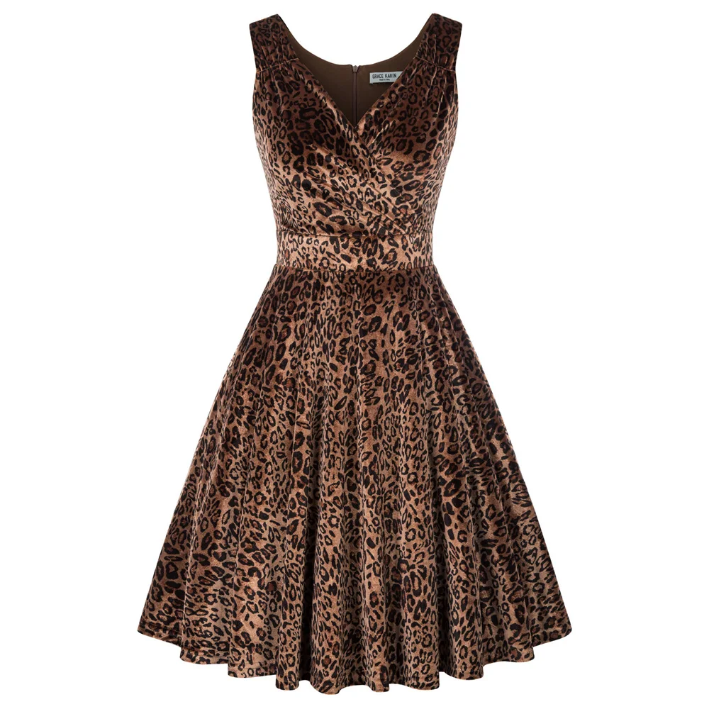 

Women Velvet Dress Leopard Pattern Sleeveless Surplice V-Neck Flared A-Line dress elegant sexy pleated evening party dresses