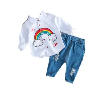 

Summer Kids Toddler Rainbow Shirts Jeans 2pcs/set 1-4 Years Clothing Set Short Sleeve Cotton Suit Children Clothing Boys Outfit
