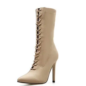 

2019 Winter New Women's Boots Large Size Boots Sexy High Heel Straps Woman Shoes Pointed Toe Lace Up Short Ladies Boot