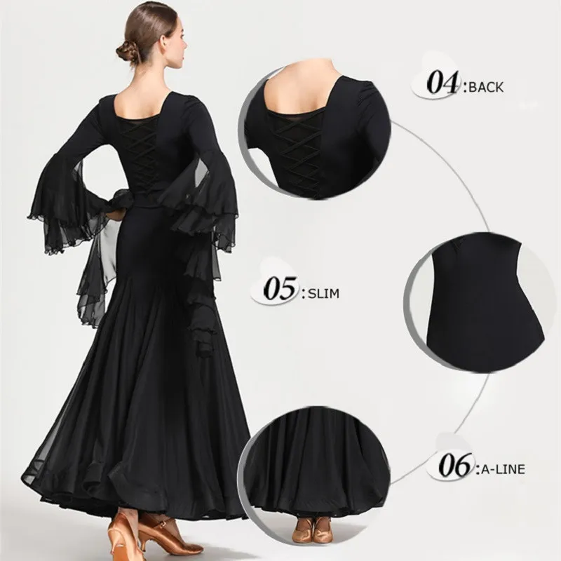 Elegant Chiffon Sleeves Strapped Women Ballroom Dance Costumes Wiennese Waltz Dress Dance Wear Ball Gown