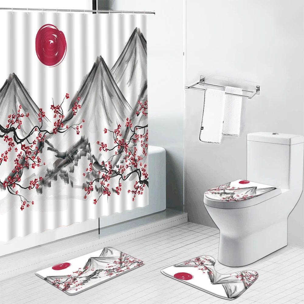 

Chinese Style Landscape Shower Curtains Set Plant Flower Bird Modern Ink Painting Scenery Bathroom Decor Toilet Cover Mat Carpet