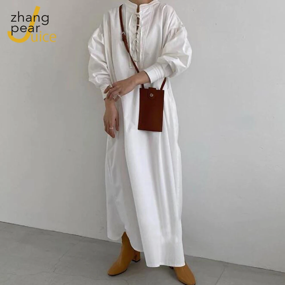 

Lace-up Maxi Long White Dress Women Long Sleeve Elegant Bandage Dress Solid O Neck Ankle-Length Dress