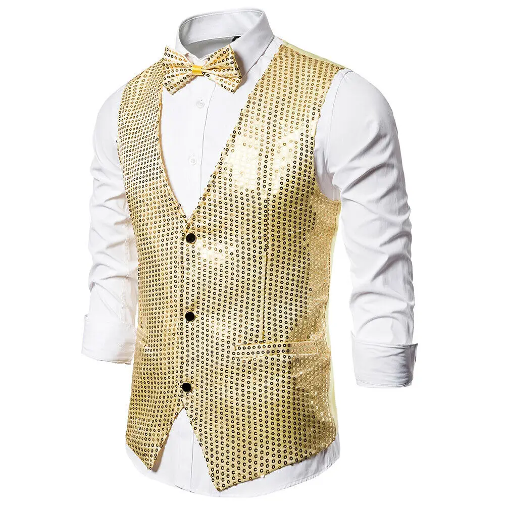 Stylish Men&rsquo;s Blazer Vest Coat Formal Slim Shiny Sequin Glitter Embellished Blazer Jacket Sequin Party Stage Coat cotton vest dress vests