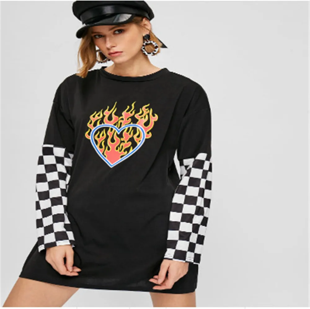 

Women Plaid Patchwork Long Sleeve Flaming Heart Print Sweatshirt Autumn Spring Black Checkerboard Pullover tracksuit O-Neck 2019