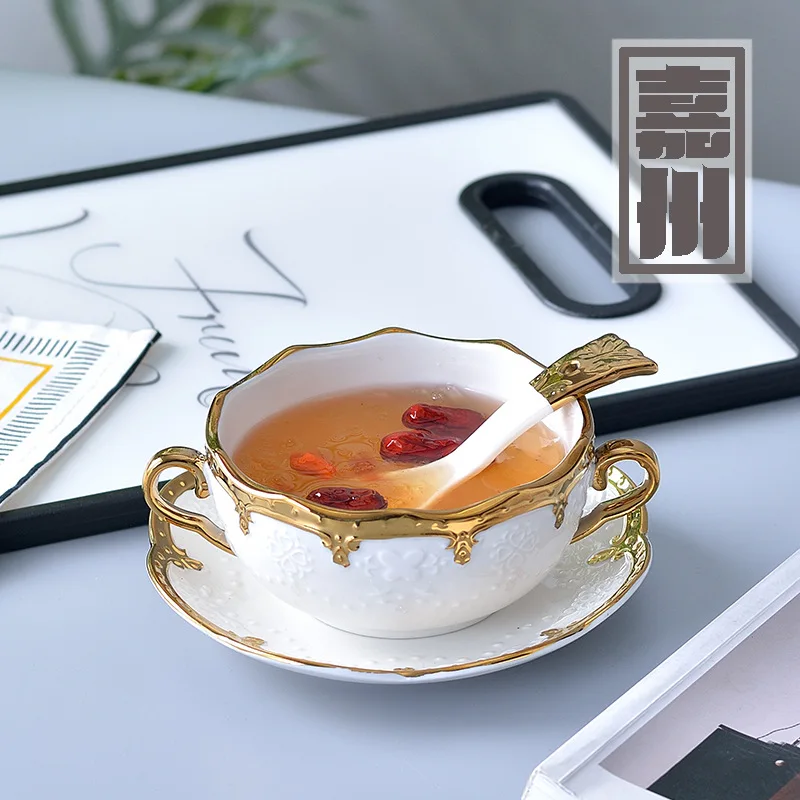 FANTERCY Tableware Creative Ceramic Bird's Nest Hotel Double Ear Soup Stewed Dessert Bowl Tray Flower Shaped Porcelain Bowls