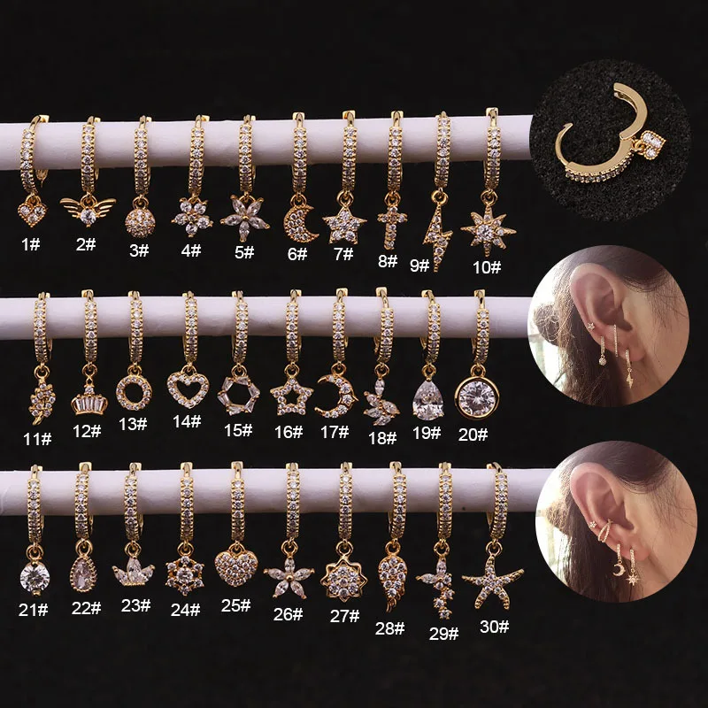 

Chissen 1PC CZ Star Moon Pendant Piercing Earrings for Women Gold Ear Clip Cartilage Piercing Earrings Ear Stud Body Jewelery