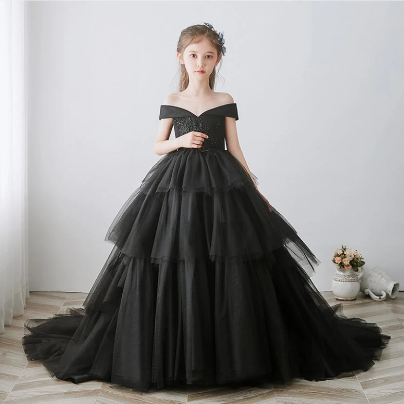Vestidos de tul negro para boda, encaje, Vestido largo de chica, fiesta de Navidad, disfraz de princesa para bautismo y Noche| Vestidos| -