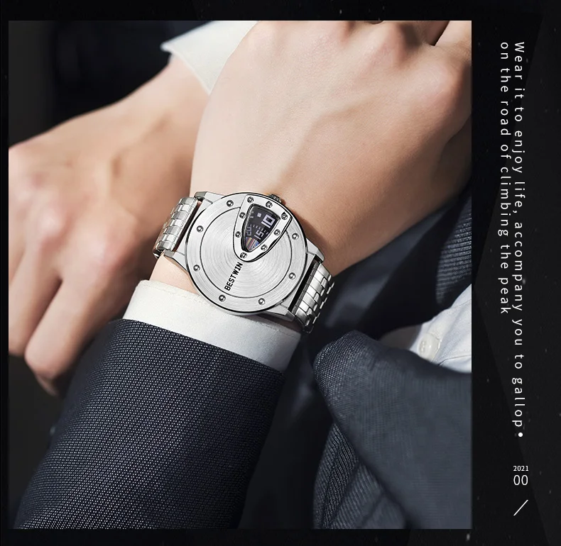 Luxury BESTWIN Brand Trend Cool Men's Wrist Watch Stainless Steel Technology Fashion Quartz Watch For Men 2021 Relogio Masculino