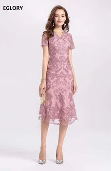

4XL Dress Vestidos 2020 Summer Party Cocktail Women V-Neck Sweetheart Embroidery Short Sleeve Midi Pink Grey Mermaid Dress