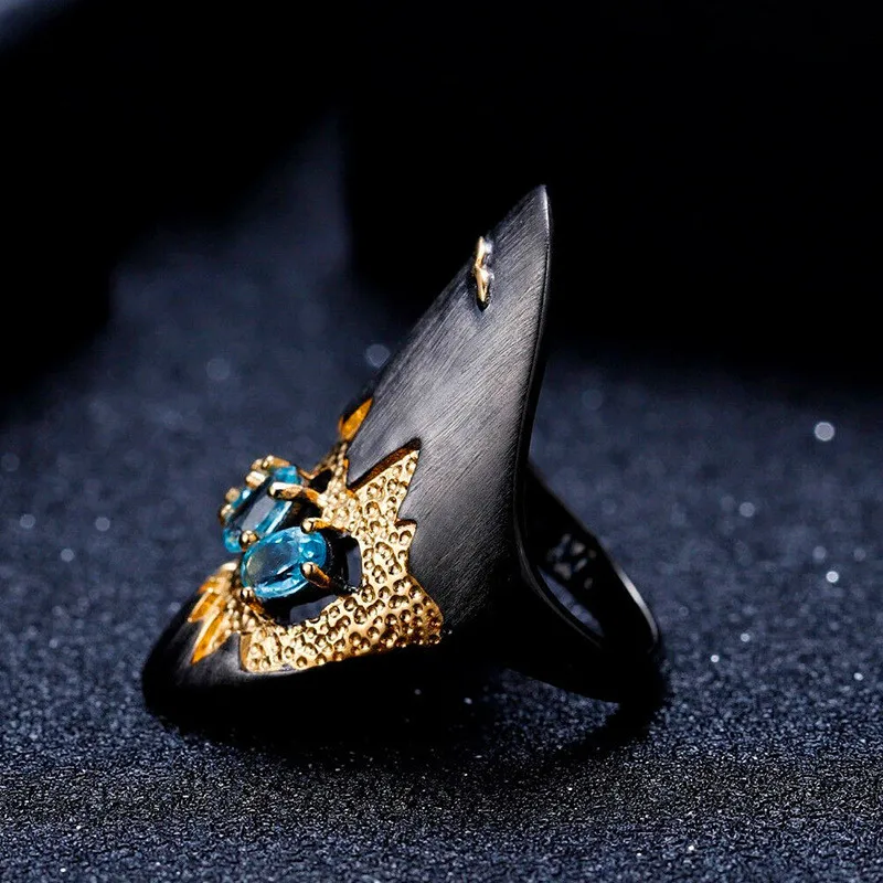Большие свадебные кольца для мужчин и женщин синий кристалл обручальное кольцо два тона античное серебро черное золото винтажное Европейское ювелирное изделие