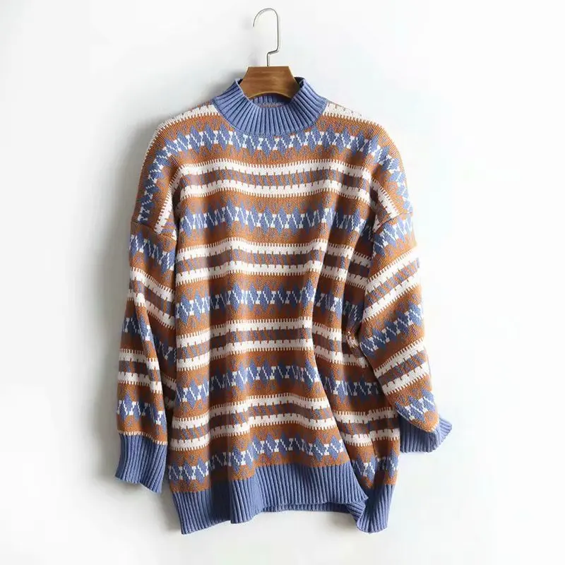 AQOIA Harajuku Argyle длинный рукав женский пуловер Boho водолазка толстый теплый женский свитер модная зимняя женская одежда