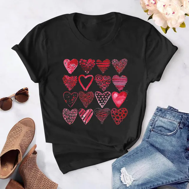 Heart flower print ladies T-shirt ladies casual basis O-collar white shirt short sleeve ladies T-shirt love graphic printing CT-Black-757