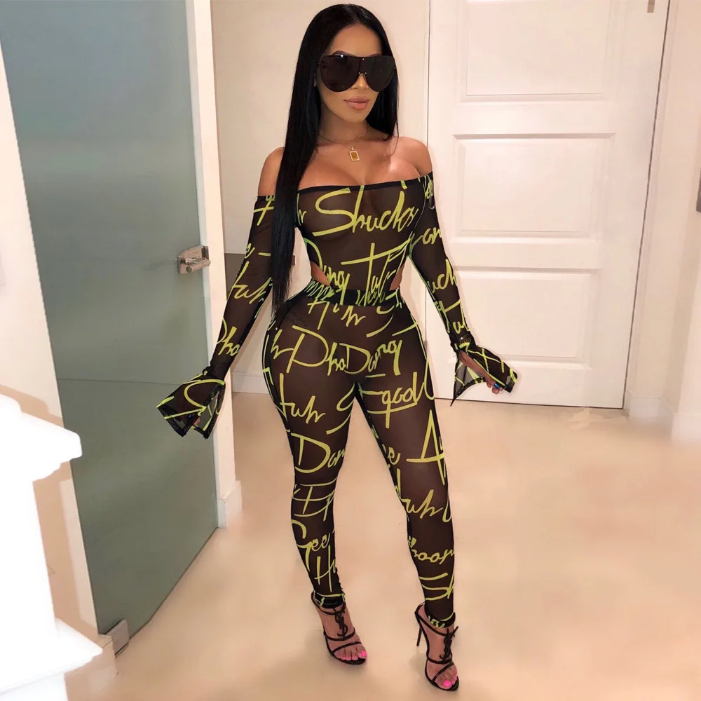 black jumpsuit Adogirl с буквенным принтом, прозрачный сетчатый комбинезон с расклешенными штанинами, женский сексуальный комбинезон с открытыми плечами, длинный рукав-колокол, комбинезон для ночного клуба, женский наряд - Цвет: black jumpsuit