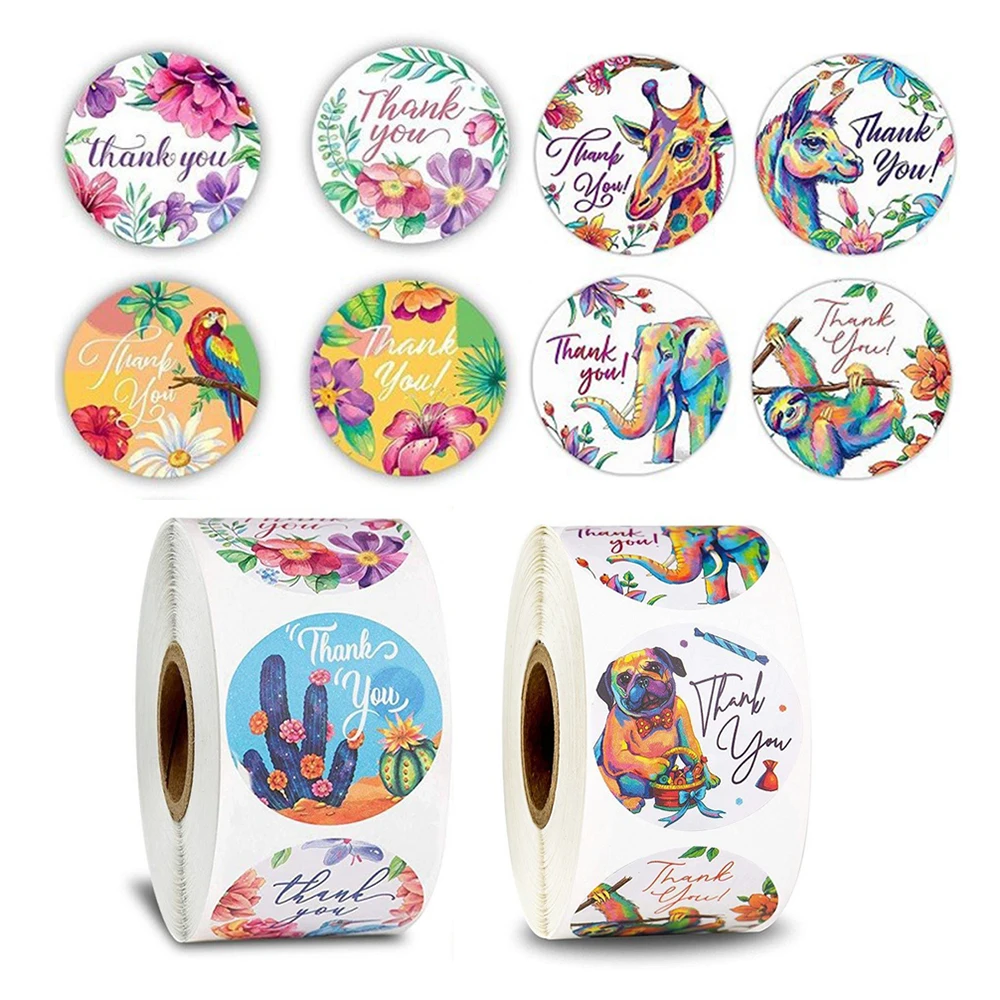 

500pcs/roll Creative Flowers Thank You Round Stationery Stickers Package Seal Labels DIY Grift Bag /box Decoration Stickers
