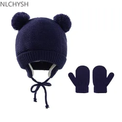 2021 New Baby Kids Girls Boys Winter Warm Knit Hat Ear Solid Warm Cute Glove 2pcs Lovely Beanie Cap With Hair Ball