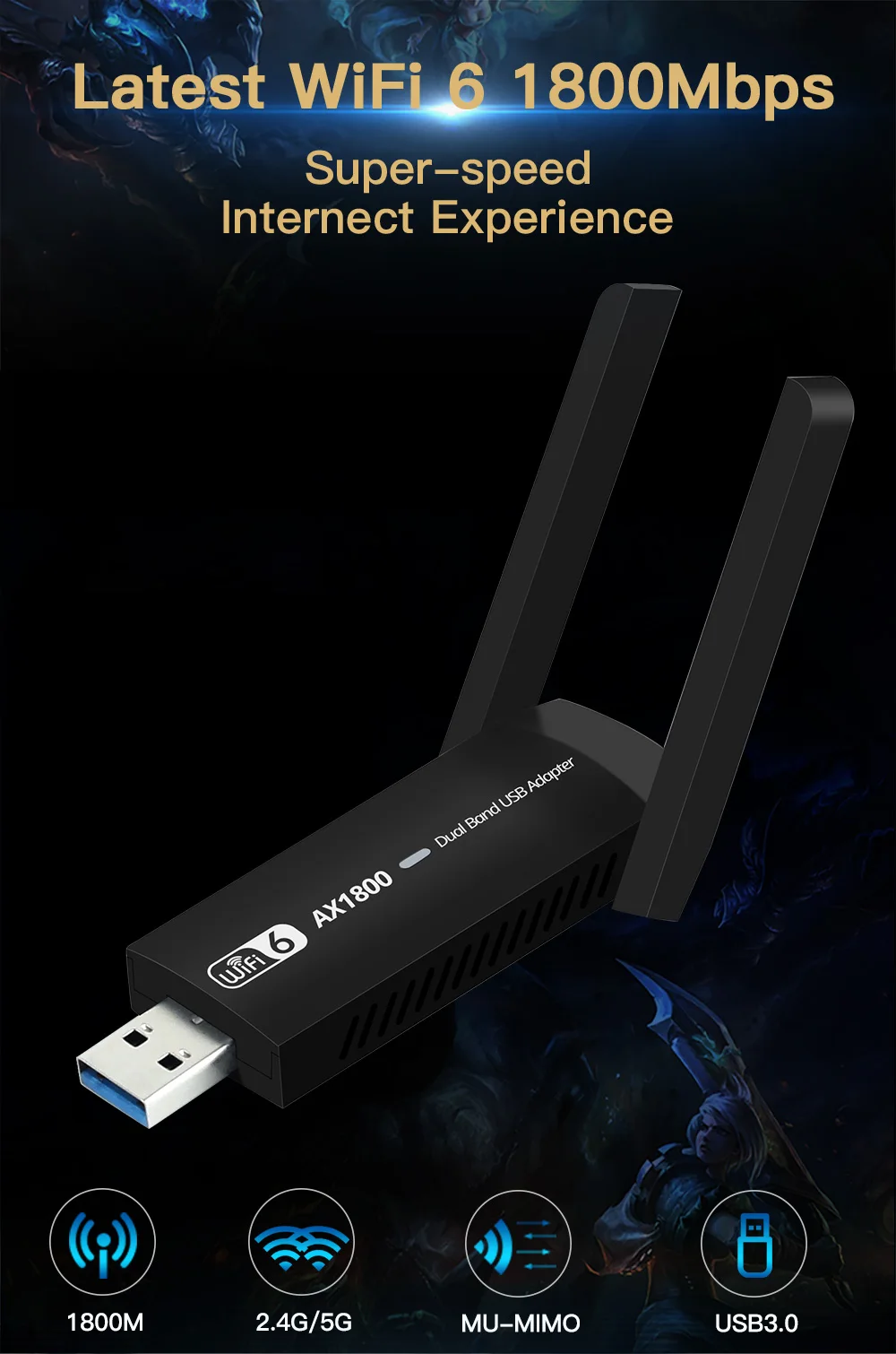 Adaptor de rețea USB WiFi Dual Band de 1800 Mbps, dongle wireless 802.11ax, pentru laptop/PC, Windows 7/10/11_voghion.com