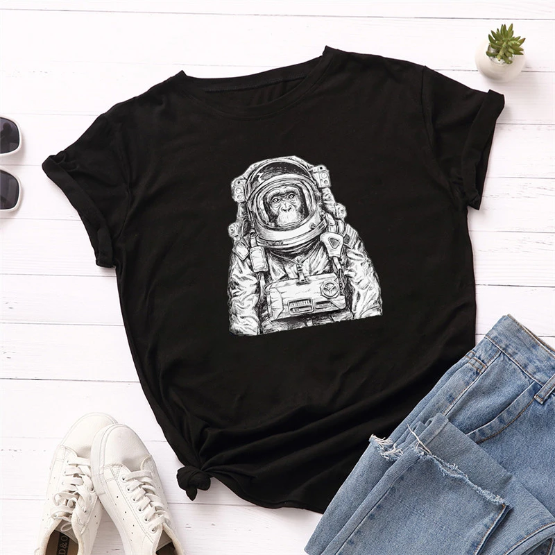

2020 Summer New Woman Tshirts Astronaut Vintage Korean Style Tumblr Skipoem Short Sleeve Cotton Plus Size Top Tees Clothes