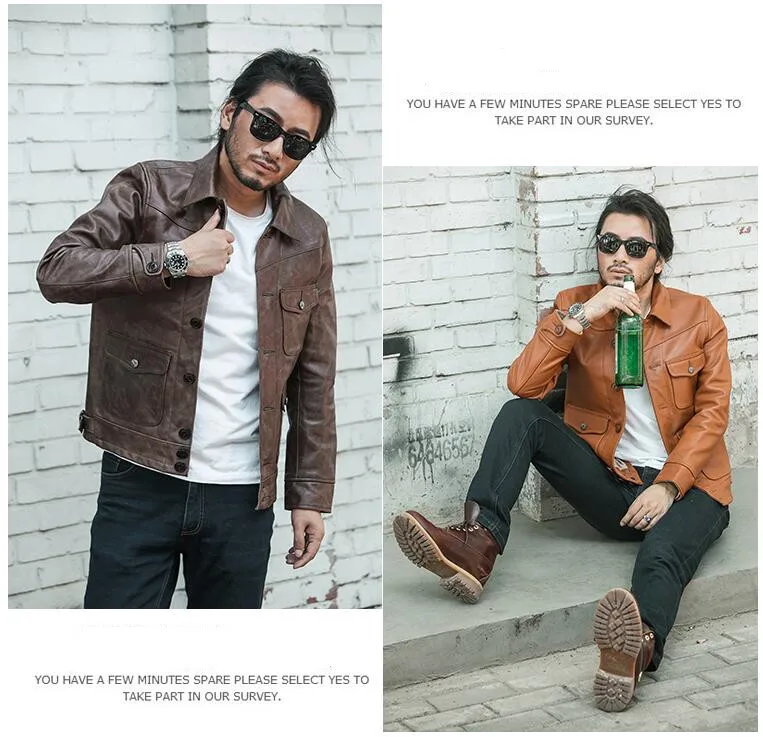 Best 2019 Dark Brown Men Japan Style Short Casual Leather Jacket Plus Size 3XL Genuine Cowhide Autumn Slim Leather COat FREE SHIPPING 5