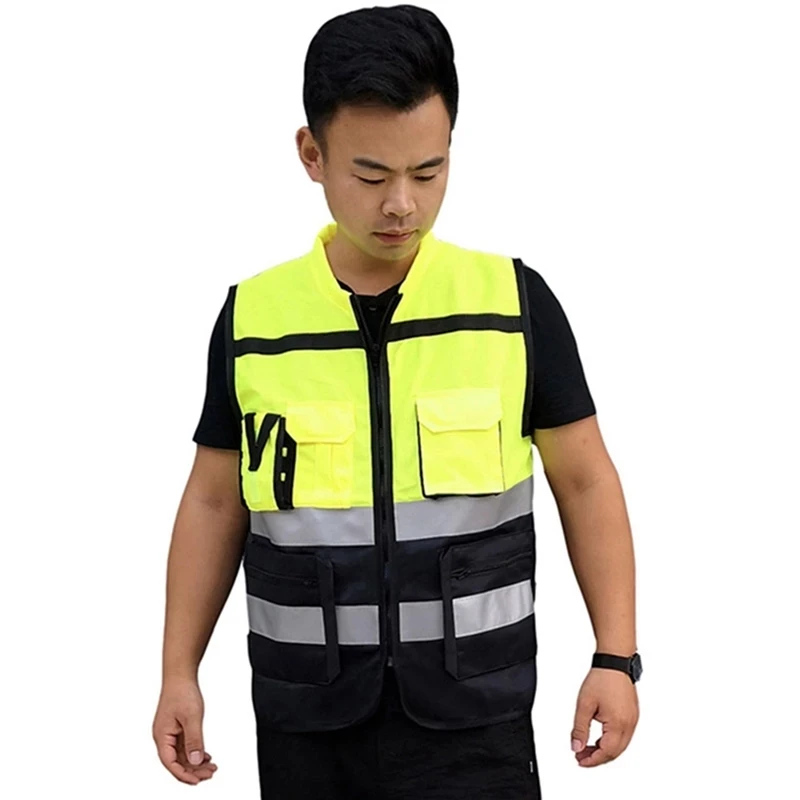 High Visibility Zipper Front Safety Vest With Reflective Strips Bicycle and Motorcycle Riding Safety Clothing Multi-Pockets industrial safety hand gloves